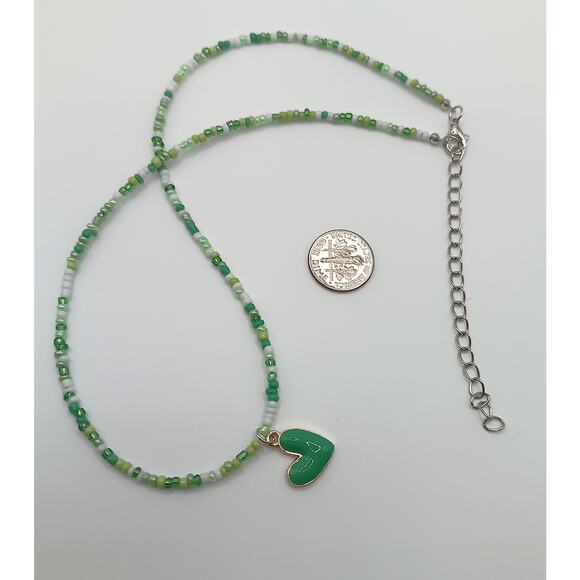 Green Glass Seed Bead Necklace with Heart Pendant, Stainless Steel, 16–19" - Picture 3 of 3